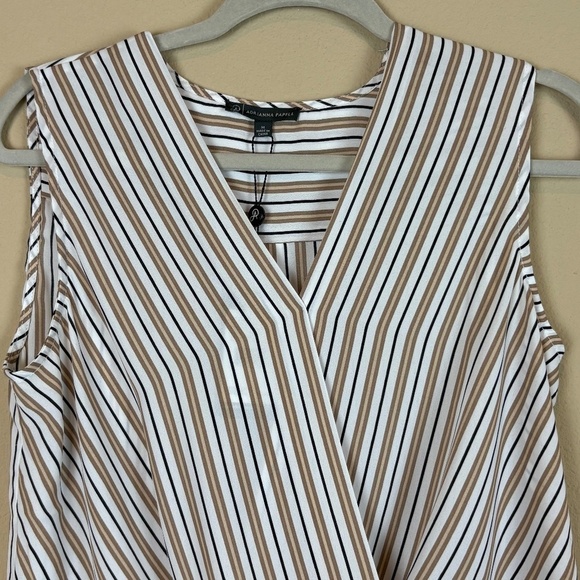 NWT Adrianna Papell Black/White/Tan/Cream Sheer Striped Sleeveless Wrap Blouse - Picture 2 of 10